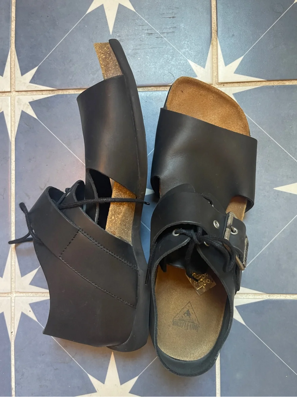 John Fluevog Black Leather Slide Buckle Sandals